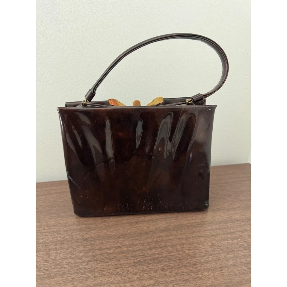 Vintage Lewis Tortoise Shell Patent Leather Handbag 1950s 60s Top Handle Bag